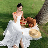 French Embroidery Hollow Out Fish Bone Perspective Sling Flounce Waist Show Thin Holiday Wind Beach Dress Summer-Outfit