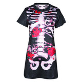 Toloer 022 Spot 2024 Halloween Women's Cosplay Party Dress Skull Print Short Sleeved Dress-Outfit