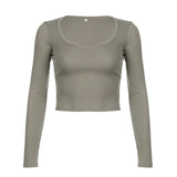 Breathable Solid Color U-Collar Slim And Slim Long-Sleeved Leisure T-Shirt 2024 Fashion New Style-Outfit