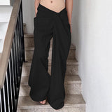 Toloer Style Personality Irregular Kink Waist Head Casual Pants Female Low Waist Solid Color Loose Wide Legs-Outfit