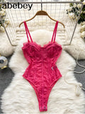 Women Solid Backless Bodysuits Fashion Korean Bodycon Strap Rompers 2022 Summer Streetwear Slim Lace Sexy