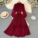 VAREY LIN New Spring Pleated Dress Women Elegant Stand Collar Solid Color Long Dress with Belt Lady Fashion Chiffon