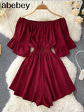 Slash Neck Jumpsuits Shorts Casual Summer Women Overalls Solid Ruffles Playsuits 2022 Sexy Ruffles