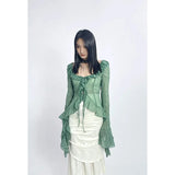 Trim Green Chiffon T-shirts for Women Fashion Long Sleeve Slim Fitting Lace Up O-Neck Tops New Transparent Femal Shirts-Outfit - green / L