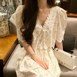 Toloer Chic Niche Temperament V Neck Hollow Lace Embroidered Jacket Women High Waist Pressure Pleated Skirt Two Sets Of Women-Outfit