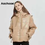 Aachoae Women Thick Warm PU Faux Leather Padded Coat 2021 Winter Zipper Hooded Jacket Parka Long Sleeve Pockets Outerwear