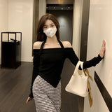 Toloer Shoulder Hanging Neck Long-Sleeved T-Shirt Female 2024 New Hot Girl With A Short Bottom Shirt Student