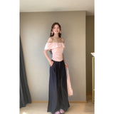 And Wear The Atmosphere Of The Lotus Leaf Side Shoulder Repair Folding Top With Straight Leisure Long Pants