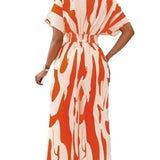Piece Women Print V Neck Half Sleeve Loose Wide Leg Long Pants Overalls Casual Splice Romper Tight High Waist Jumpsuits-Outfit