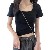 Toloer Short T-Shirt Female Solid Color 2024 New High Waist Slim Show Thin Hot Girl All-Match Short-Sleeved Square Collar Top