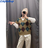 Vintage V Neck Rhombic Lattice Casual Knitting Vest Sweater Ladies Chic Waistcoat Pullovers Retro Jumper Tops 1028-0-Outfit