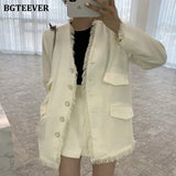 Vintage Ladies 2 Pieces Blazer Set V-Neck Single-Breasted Tassels Jackets & High Waist Skirt Shorts Women Skirt