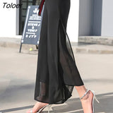 Women's Summer Wide Leg Long Trousers Casual Vintage High Waist Chiffon Side Split Loose Bohemia Skirt Pants Capris