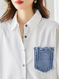 Han Queen New Denim Patchwork White Shirt Women Blouse Vintage Work Casual Tops Spring Autumn Elegant Loose Shirts And Blouses-Outfit
