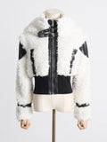 Toloer Autumn / Winter New Niche Fashion Design Sense Pu Skin Splicing Short Lamb Wool Jacket Fashion Coat Female-Outfit