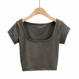 Summer New INS Tight Square Collar Short-Sleeved T-Shirt With Bottom Ultra-Short Exposed Collarbone High Waist Navel Blouse-Outfit