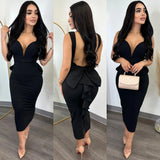 Toloer Temperament Elegant Solid Color Wrap Hip Dew Back Deep V High Waist Bow Stretch Slit