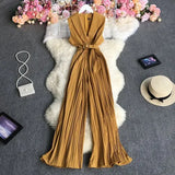 New Summer Fashion turn down collar sleeveless off shoulder Jumpsuit high waist lace up casual wide leg pleated