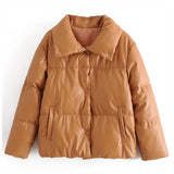 Women PU Leather Parkas Fashion High Street Solid Faxu Leather Coats Elegant Winter Thick Cotton Jackets Loose