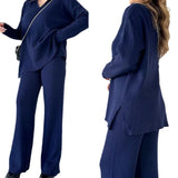 Autumn New Fashion Solid Color Loose Under The Pended Fork Knit Shirt Two Sets Of