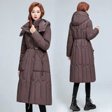 Medium-Long Hooded Warm Cotton-Padded Jacket 2024 New Winter Korean Version Of The Waist Show Thin Pure Color Cotton-Padded Coat Mother Coat-Outfit