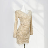 Toloer Lined Elegant French V Collar Sequin Wrapped Hip Skirt Slim Pleated Long Sleeve Skirt Gold Wind Velvet