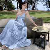 Desire Wind Sexy Dew Back Hanging Neck Halter Belt Skirt Female Summer New French Temperament Super Fairy Seaside Holiday Dress-Outfit