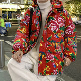 Chinese Wind Northeast Big Flower Hooded Cotton-Padded Jacket Man Thick Warm Cold Cotton-Padded Jacket Coat Rural Festival Cotton-Padded Jacket Coat-Outfit