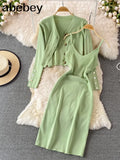Botton Knitted Women Sets Loose Long Sleeves Cardigan+ Solid Elastic Dress French Style Casual Two Piece