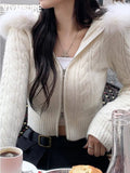 Sweet Furry Trim Hooded Knitted Cropped Cardigans Slim Zipper Long Sleeve Sweaters Women 2023 Autumn Winter Fashion Lady-Outfit