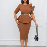 Short-Sleeved Flower Solid Color Large Size Tight Dress With