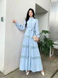 Gentle Style Dress Spring Dress Design Hollow Lace Splicing Bubble Sleeve Dress Holiday