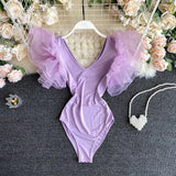 Women Ruffles Flying Sleeve Bodysuits 2022 Summer Fashion High Waist V Neck Casual Romper White Yellow