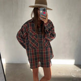 Toloer Women's Wear 2023 Fall New Vintage Plaid Shirt Boyfriend Wind Long Loose Shirt Coat-Outfit
