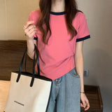 Toloer Female 2024 New Summer Design Sense Contrast Color T-Shirt Fashion Chic Irregular Short Student