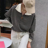 Lapel Sweater Women's Thin Autumn Coat Striped Long-Sleeved Shirt Minority Zipper Polo Shirt Trend In 2023-Outfit