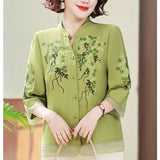 Summer Women's Round Neck Flower Embroidered Button Patchwork Chiffon Cardigan T-shirt Casual Elegant Three Quarter Tops-Outfit