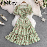 Sexy Square Collar Short Sleeve Women Midi Dress Beach Vacation Party Robe Female Elegant High Waist