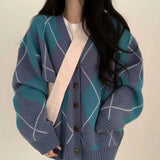 Argyle Print Oversized Preppy Cardigan-Outfit