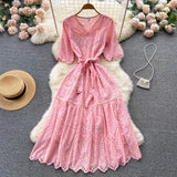 Women Dress Embroidary Solid Summer 2022 Hollow Out V Neck Ruffled Sashes Adjustable Waist Ladies Long A Line