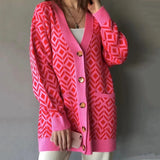 V-neck Lantern Long Sleeve Cardigan Women Knitted Printed Oversized Sweater 2022 Fall New Single-breasted