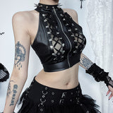 Summer New Sexy Hollowed-Out Navel Blouse Dark Style Personality Beer Buckle Strapped Vest Women's Dress-Outfit
