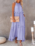 Women Solid Long Dresses Summer Casual Loose Sleeveless Hollow Tie-Up Dress Female Beach Party Ruffle Maxi Dresses Elegant
