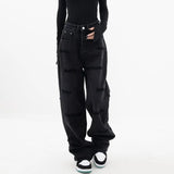 and autumn plus size women embroidered straight jeans loose slim high waist floor mopping wide leg pants baggy jeans-Outfit