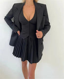 Solid V-neck Vest And Pleated Mini Skirt Set-Outfit