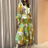 Women's Retro Printed Lantern Sleeves Waist Swing