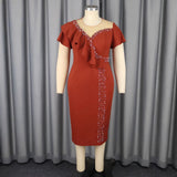 Round-Neck Nail Beaded Leaf-Side Dress Banquet Temperament High-Waisted Body-Body-Cuffed Dress