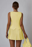 Solid V-neck Vest And Pleated Mini Skirt Set-Outfit