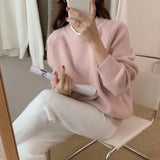 Version Qiu Dong New Style Languid Lazy Wind Pure Color Pullover Sweater Female Bottom Unlined Upper Garment Loose Round Collar Restore Ancient Ways Sweater Female-Outfit
