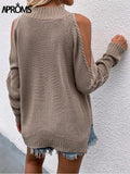 Aproms Elegant Cold Shoulder Knitted Loose Sweaters Women 2021 Autumn Winter Side Split Pullovers Streetwear Fashion Jumpers